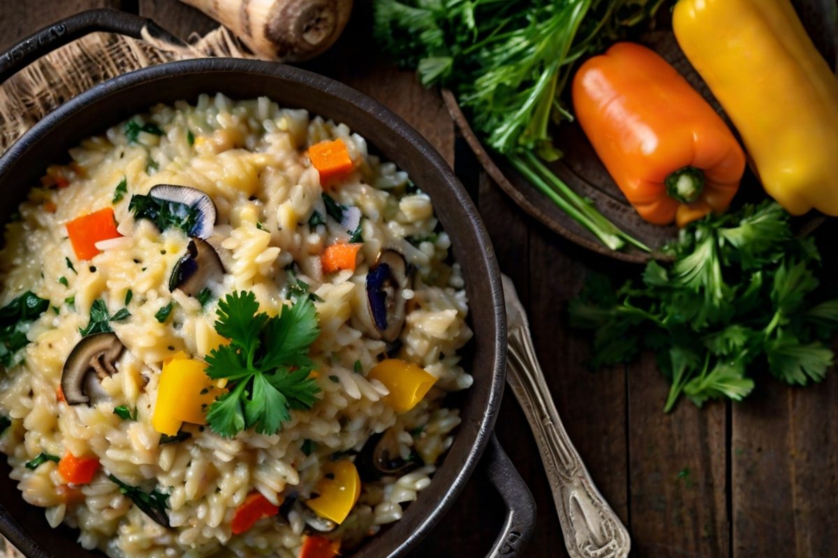 Cremiges Gemüse-Käse-Risotto mit Mangold, Möhren und geschmolzenem Taleggio in einer Pfanne