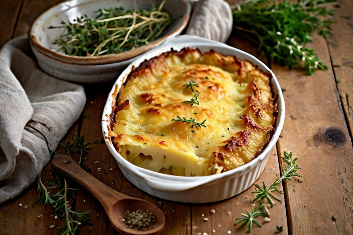 Goldbraun überbackenes cremiges Käse-Kartoffel-Gratin mit Gruyère in einer weißen Auflaufform