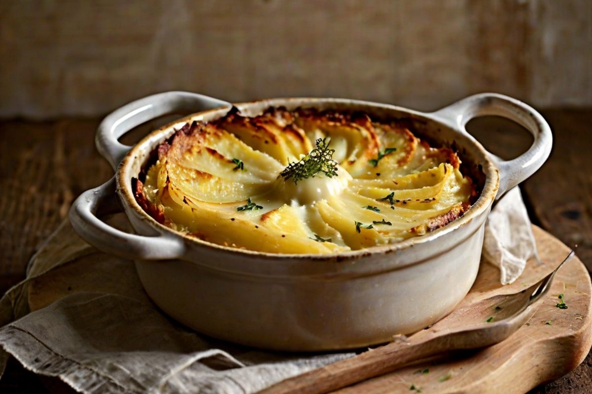 Goldbraun überbackenes cremiges Käse-Kartoffelgratin in einer Auflaufform mit geschmolzenem Emmentaler