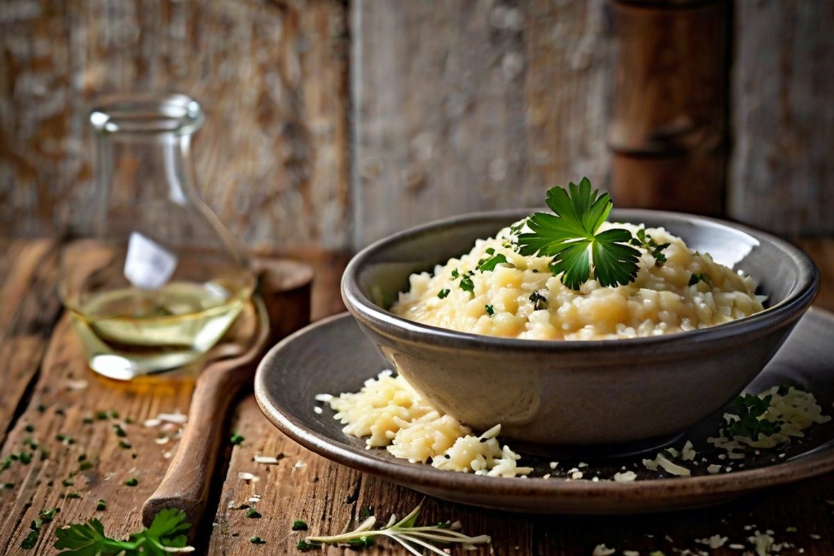 Cremiges Käse-Risotto mit geriebenem Parmesan in einem tiefen Teller, garniert mit Parmesanspänen und Pfeffer