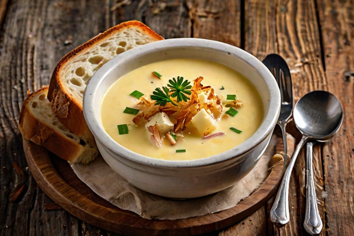 Cremige Raclette-Käsesuppe in einer weißen Schale mit Cornichons, Röstzwiebeln und Schnittlauch garniert