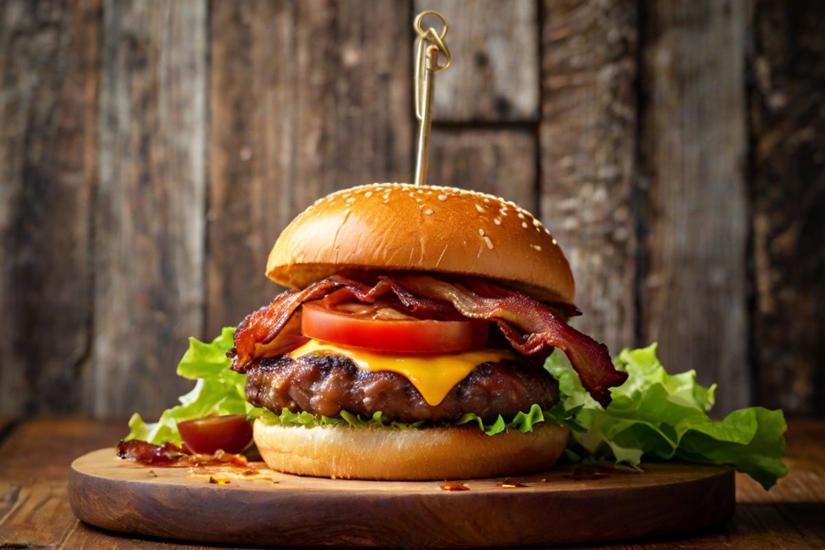 Doppelter Bacon-Cheeseburger mit geschmolzenem Cheddar, knusprigem Bacon und karamellisierten BBQ-Zwiebeln im goldenen Brioche-Bun