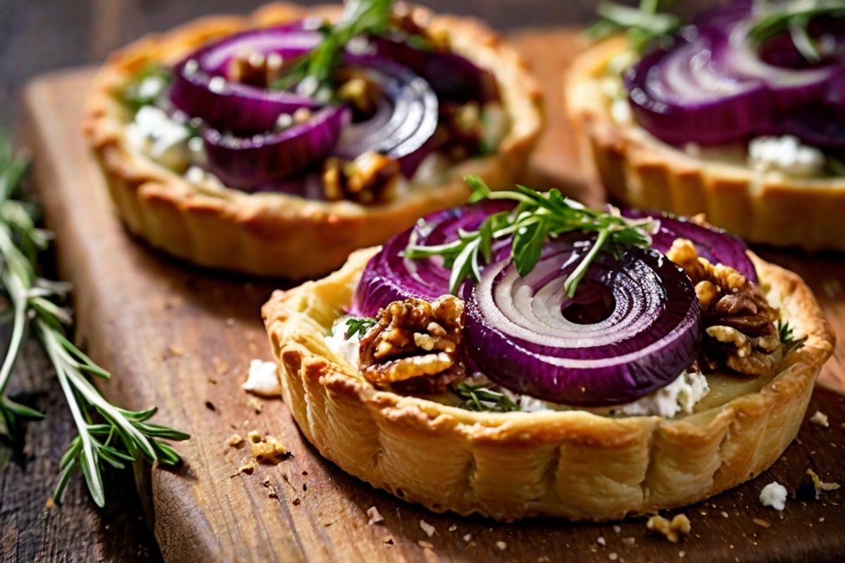 Goldbraune Ziegenkäse-Tarte mit karamellisierten Zwiebeln, Honig und frischem Thymian auf Blätterteig