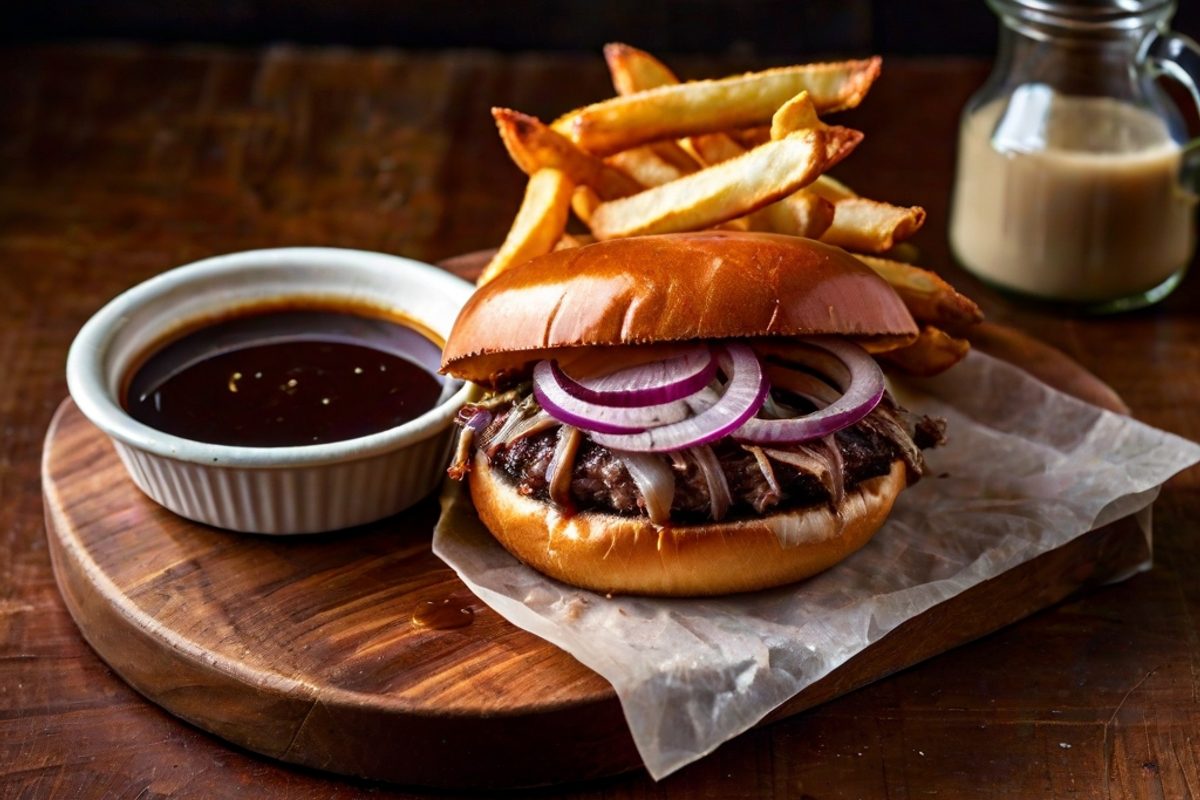 French Dip Cheeseburger mit geschmolzenem Provolone und einem Schälchen dunkler Au-jus-Dip-Soße daneben