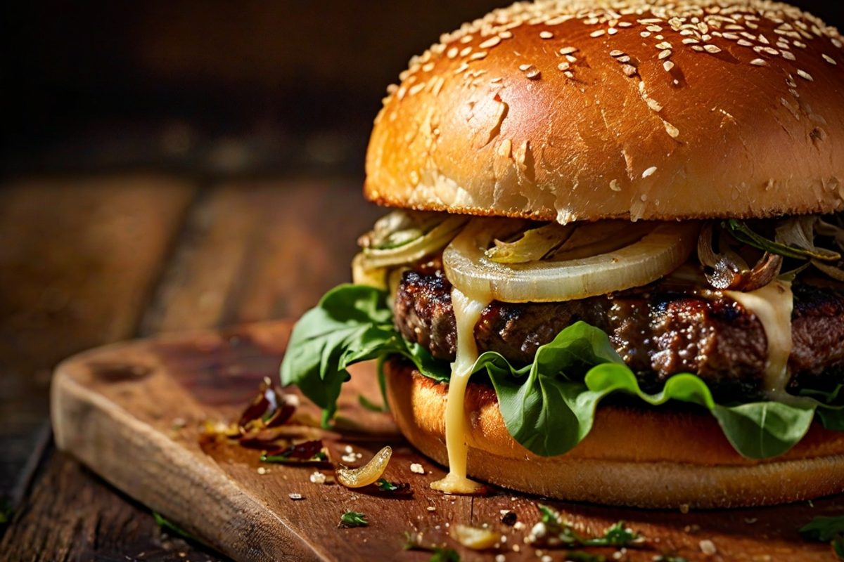 French Onion Cheeseburger mit geschmolzenem Gruyère und goldbraun karamellisierten Zwiebeln im getoasteten Brioche-Bun