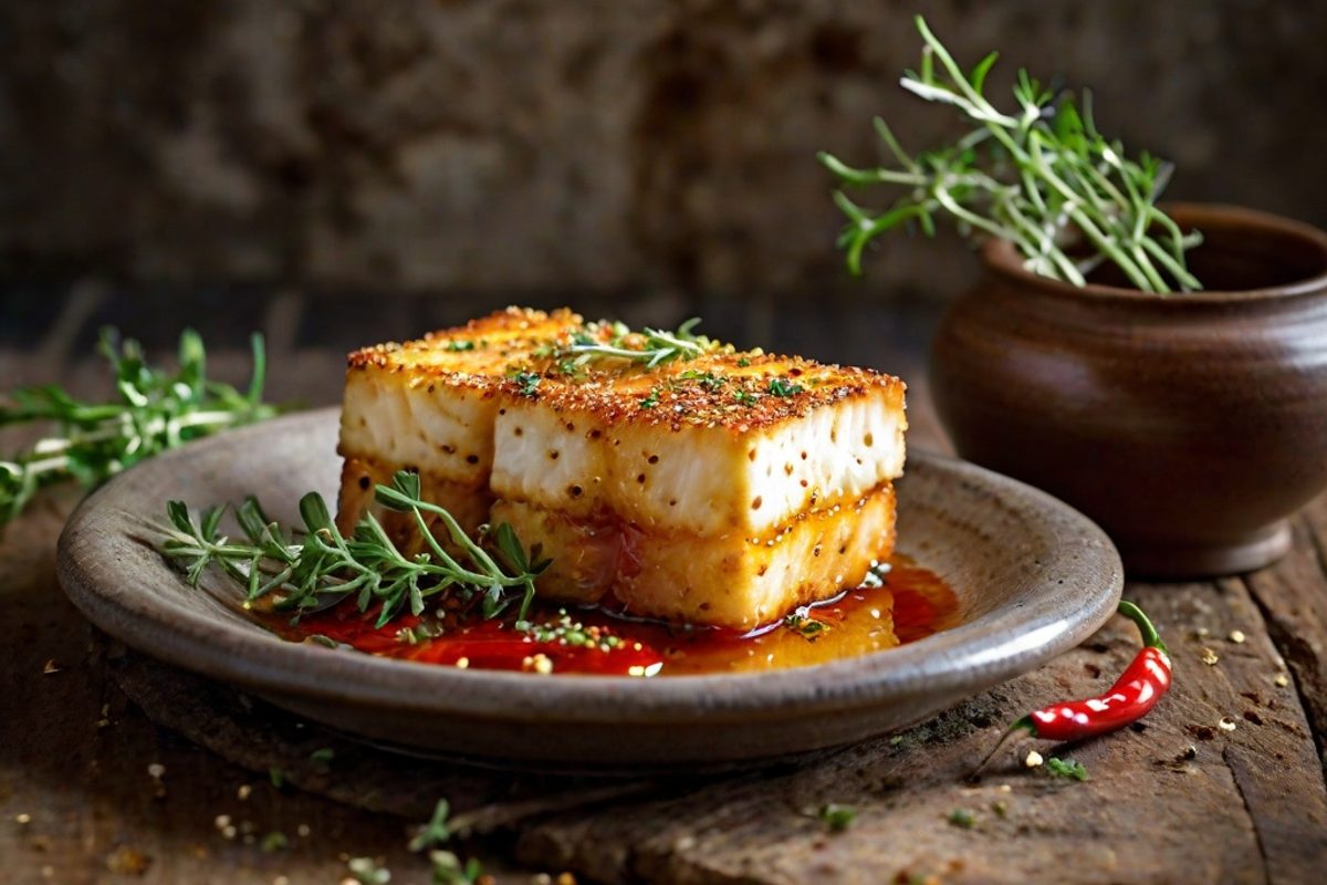 Goldbraun gebratener Feta-Block mit glänzendem Honig-Chili-Sirup, Sesam und frischem Thymian auf einem Teller