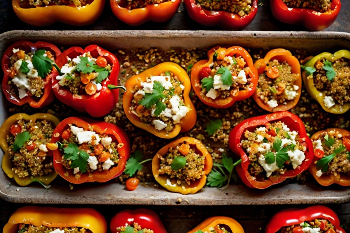 Bunte gefüllte Paprikahälften mit Quinoa, Feta und goldbraun gebackenem Halloumi in einer Auflaufform