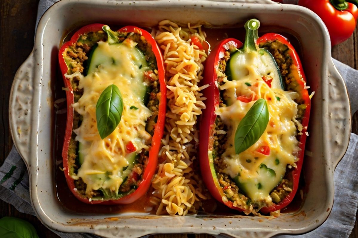 Gefüllte Zucchini mit goldbrauner Bergkäse-Kruste und buntem Paprika-Tomaten-Gemüse in einer Auflaufform
