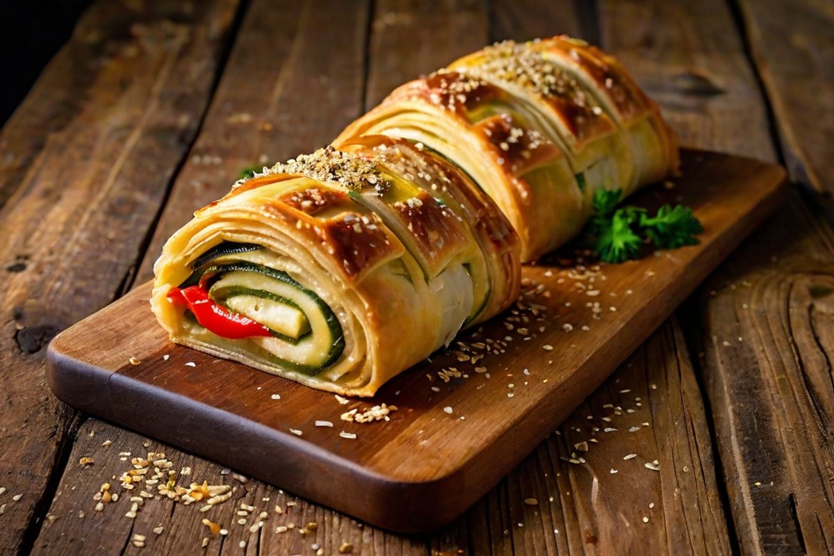 Angeschnittener goldbrauner Gemüse-Käse-Strudel mit Zucchini, Paprika und geschmolzenem Gouda auf einem Holzbrett