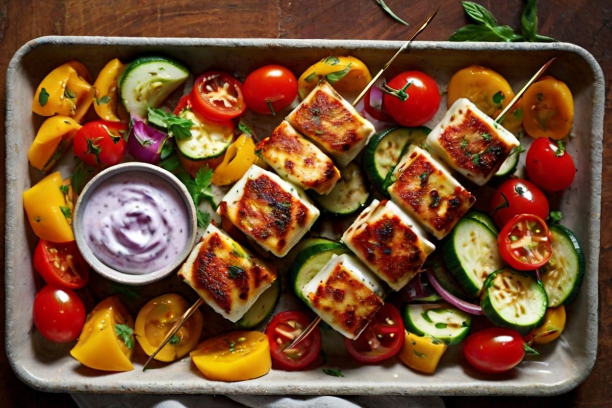 Goldbraun gebackene Halloumi-Gemüse-Spieße mit Zucchini, Paprika und Cherrytomaten auf einem Blech, daneben Kräuter-Joghurt