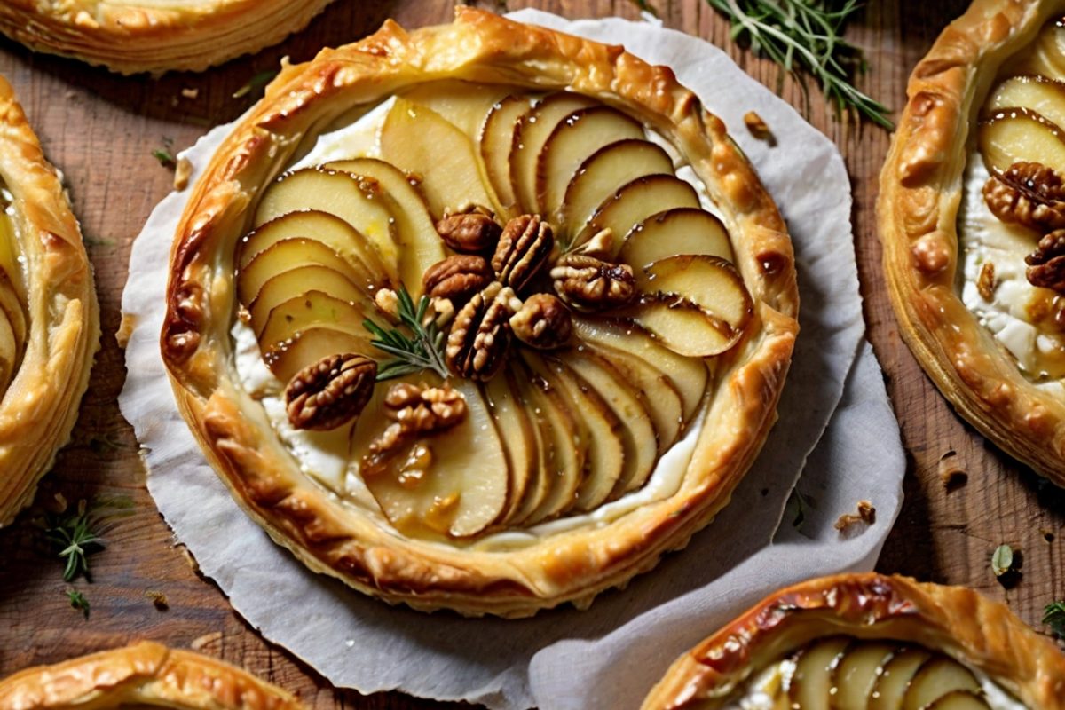 Goldbraun gebackene Camembert-Tarte mit Birnenscheiben, Honig und Walnüssen auf hellem Untergrund