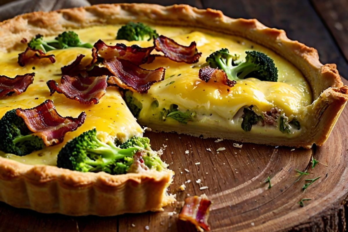 Angeschnittene herzhafte Emmentaler-Tarte mit Brokkoli und Speck in einer Tarteform