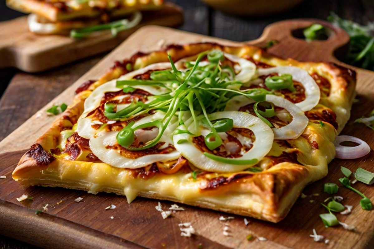 Knusprige Flammkuchen-Tarte mit geschmolzenem Appenzeller und frischen Frühlingszwiebeln auf Holzbrett