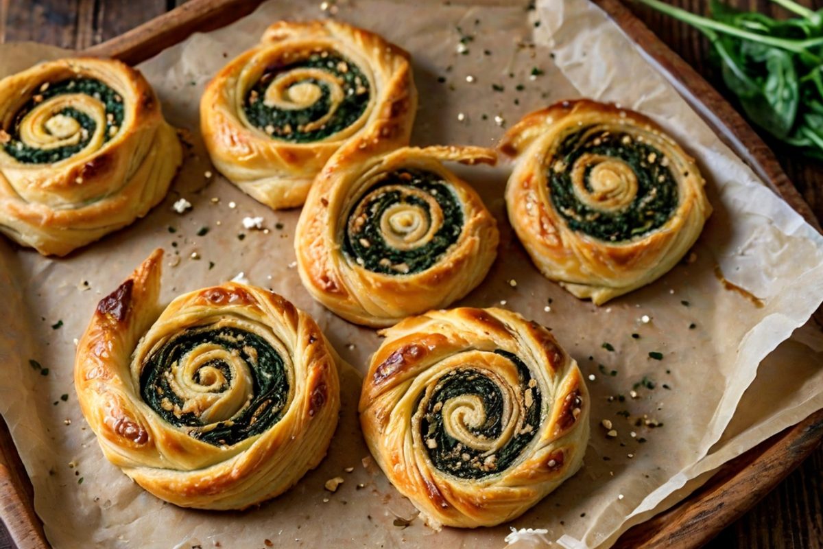 Goldbraune herzhafte Käse-Blätterteig-Schnecken mit Feta und Spinat auf einem Backblech mit Backpapier