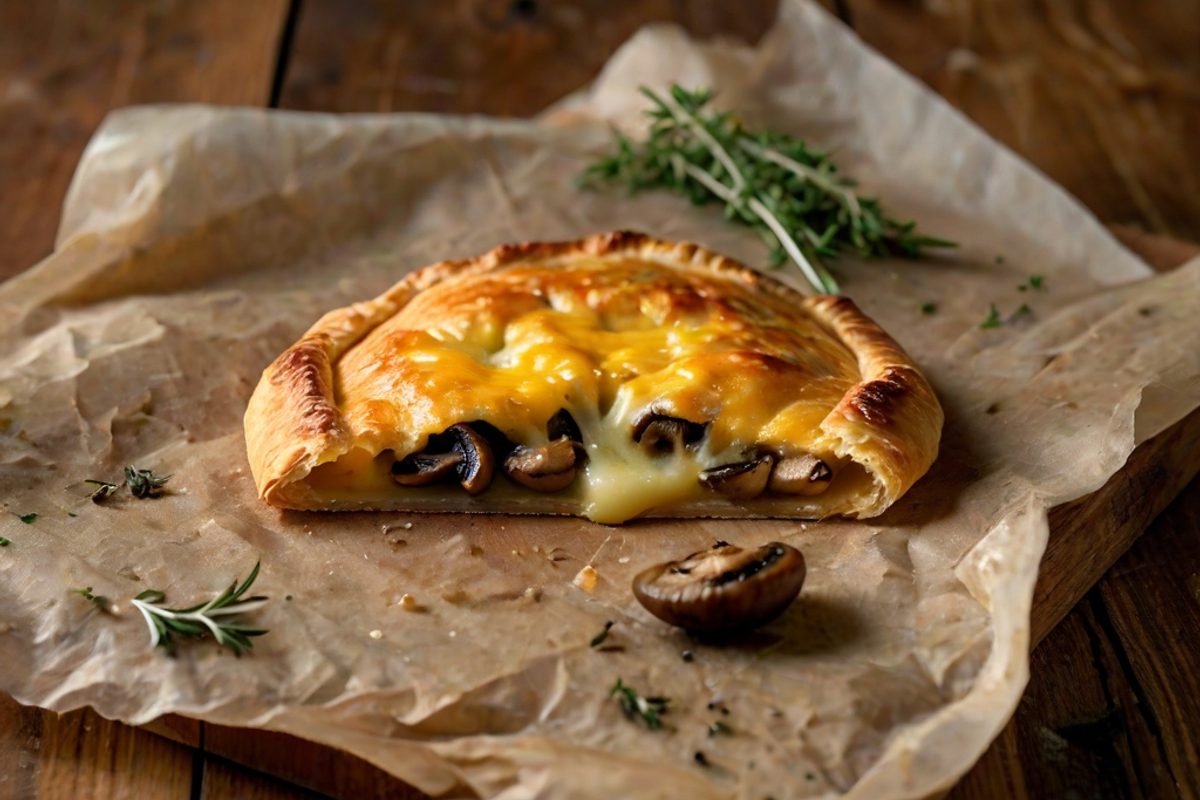Goldbraune herzhafte Käse-Galette mit Cheddar, Champignons und Thymian auf Backpapier, angeschnitten