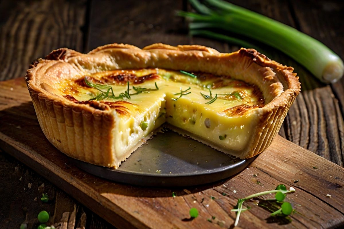 Goldbraun gebackene Käse-Tarte mit Lauch und Bergkäse, angeschnitten auf einem Holzbrett