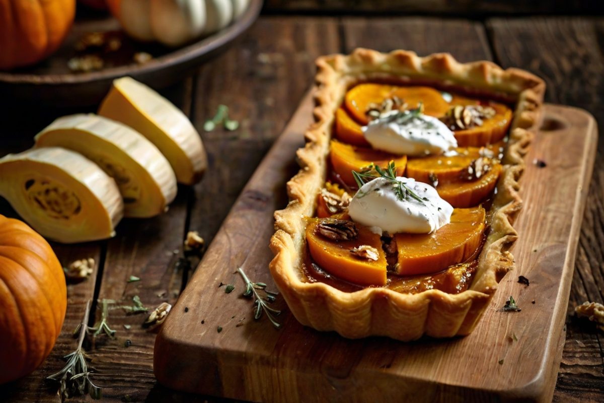 Angeschnittene herzhafte Kürbis-Tarte mit Ziegenkäse, Walnüssen und Thymian in einer Tarteform