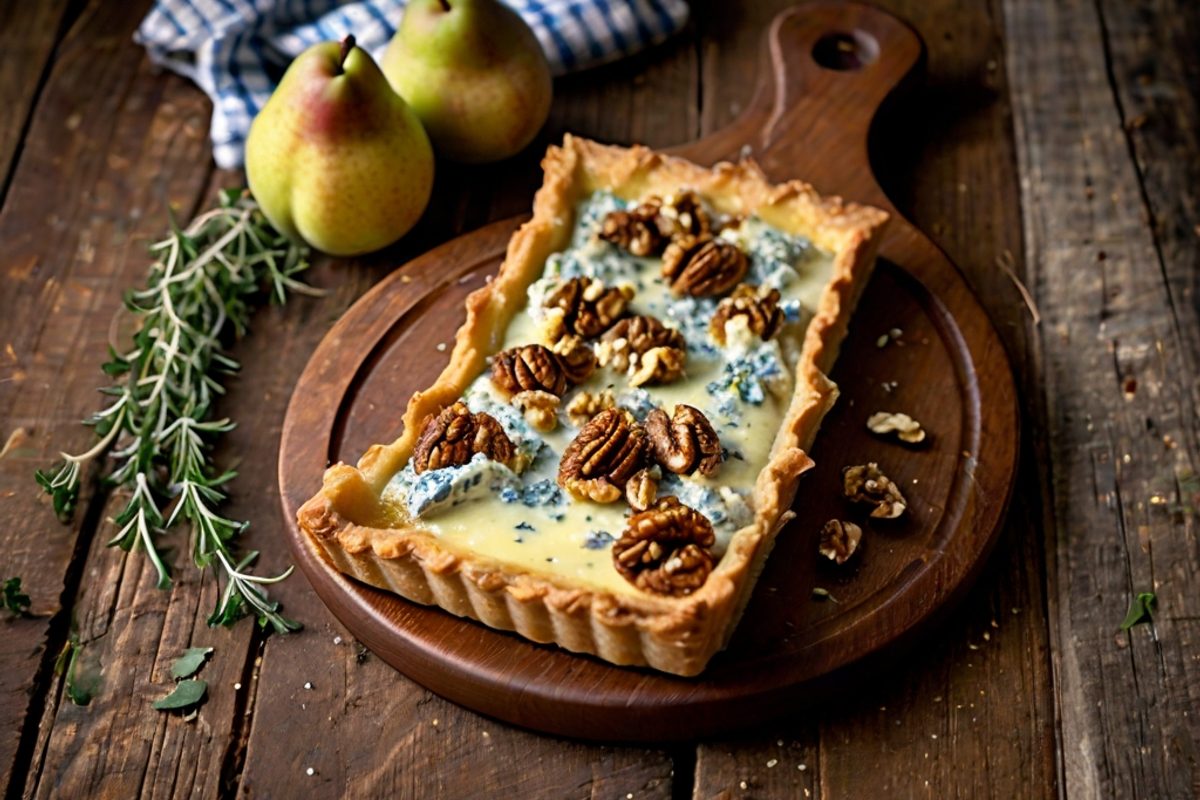 Angeschnittene herzhafte Roquefort-Tarte mit goldbraunen karamellisierten Birnenspalten und Walnüssen auf einem Holzbrett