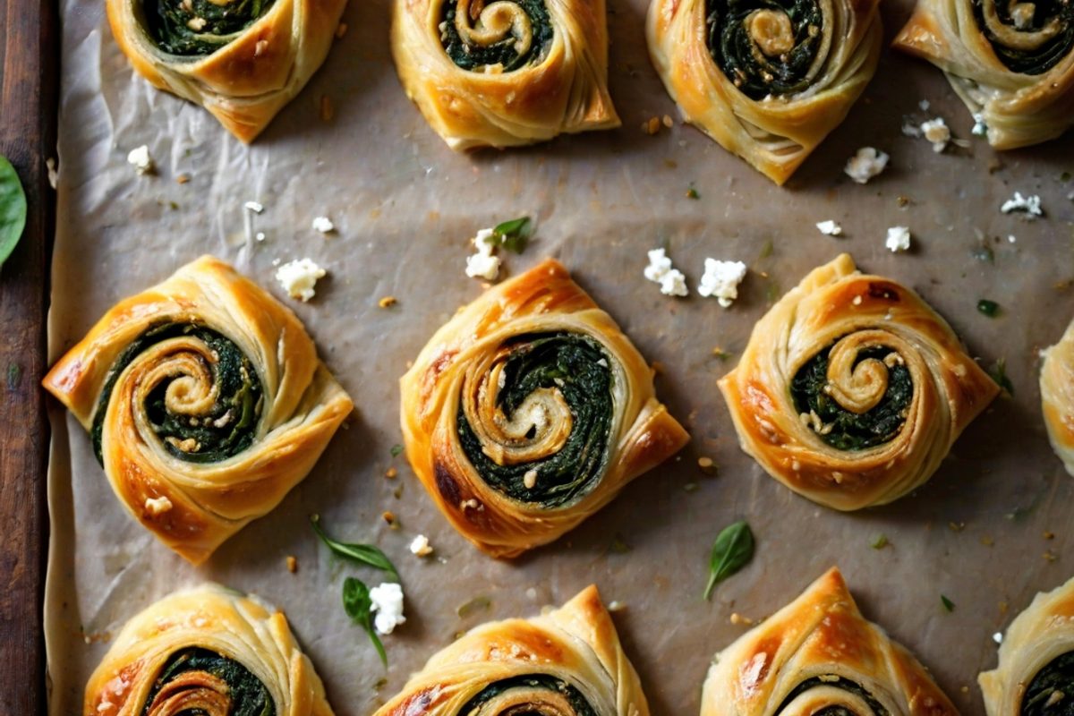 Goldbraun gebackene Spinat-Feta-Blätterteigschnecken auf einem Backblech mit Backpapier