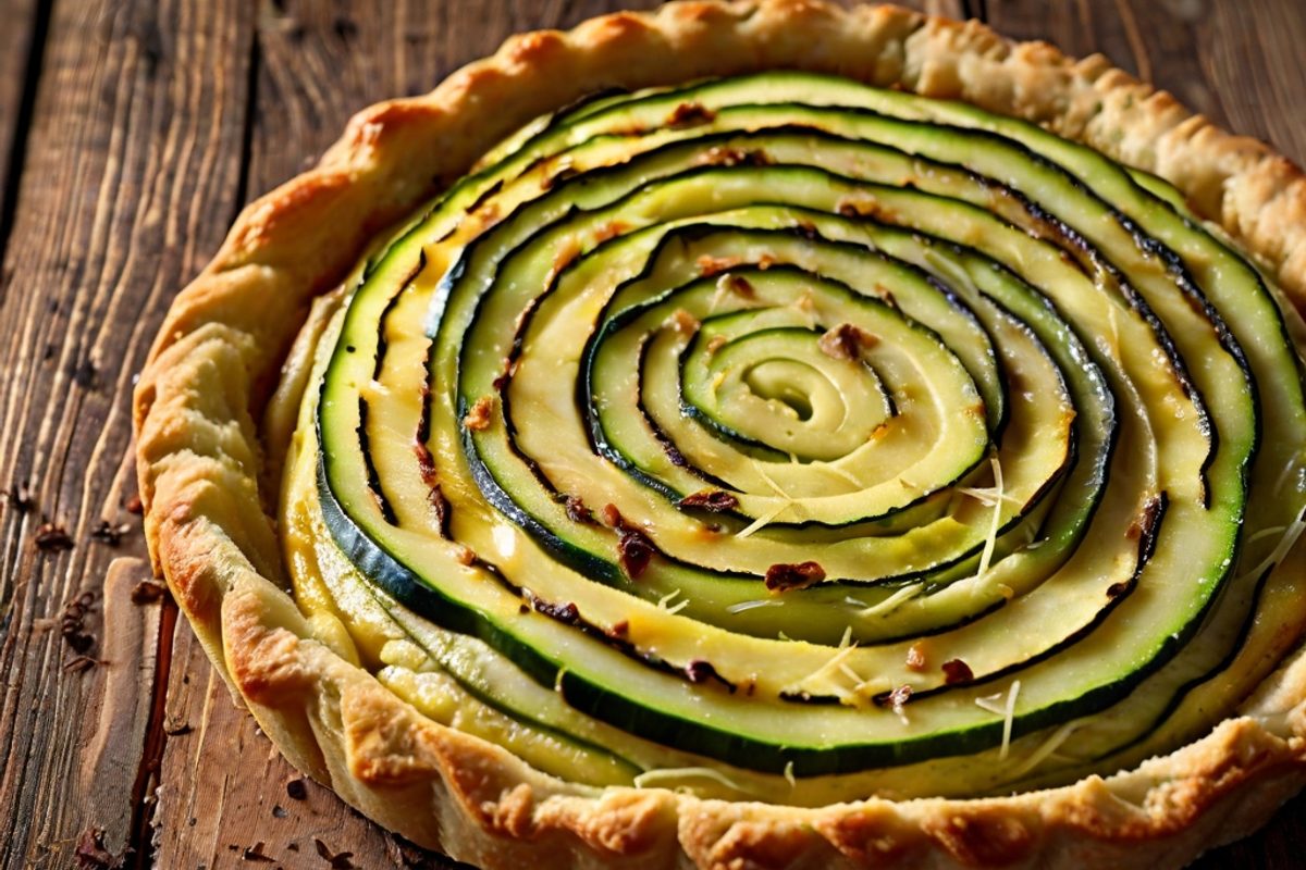 Angeschnittene herzhafte Zucchini-Tarte mit Gruyère und Thymian auf goldbraunem Mürbeteig