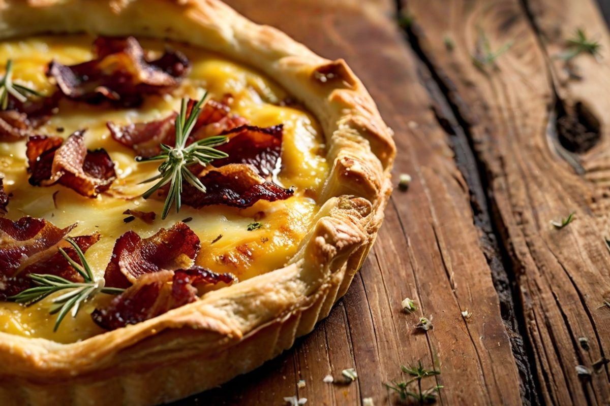 Angeschnittene herzhafte Käse-Tarte mit karamellisierten Zwiebeln, Speck und goldbraun gebackenem Emmentaler auf einem Holzbrett