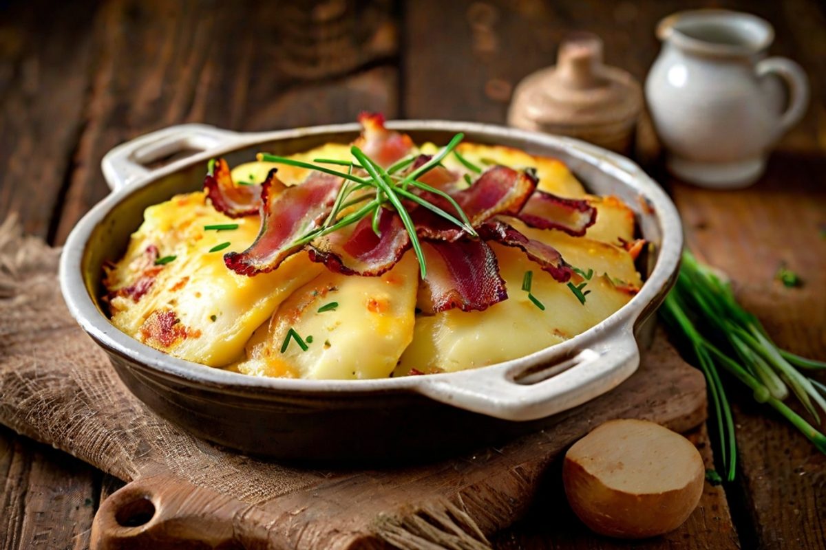 Goldbraun überbackenes Raclette-Kartoffel-Gratin mit geschmolzenem Käse und Speck in einer Auflaufform