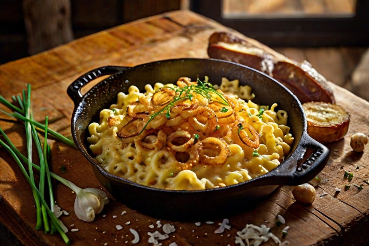 Dampfende Käsespätzle mit geschmolzenem Bergkäse und goldbraunen karamellisierten Zwiebeln in einer gusseisernen Pfanne