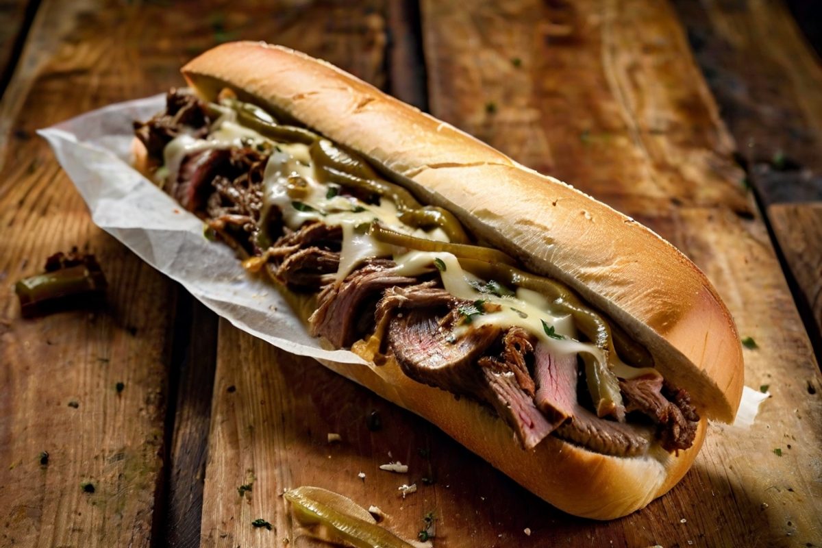 Aufgeschnittener Philly Cheesesteak mit dünnem Rindfleisch, geschmolzenem Käse und Zwiebeln im länglichen Brötchen