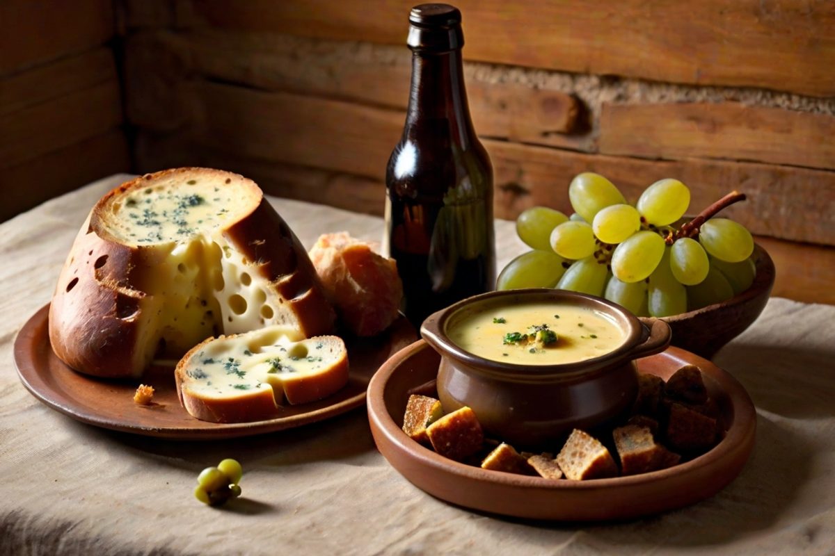 Dampfendes Schweizer Käsefondue im Caquelon mit Brotwürfeln auf Fonduegabeln