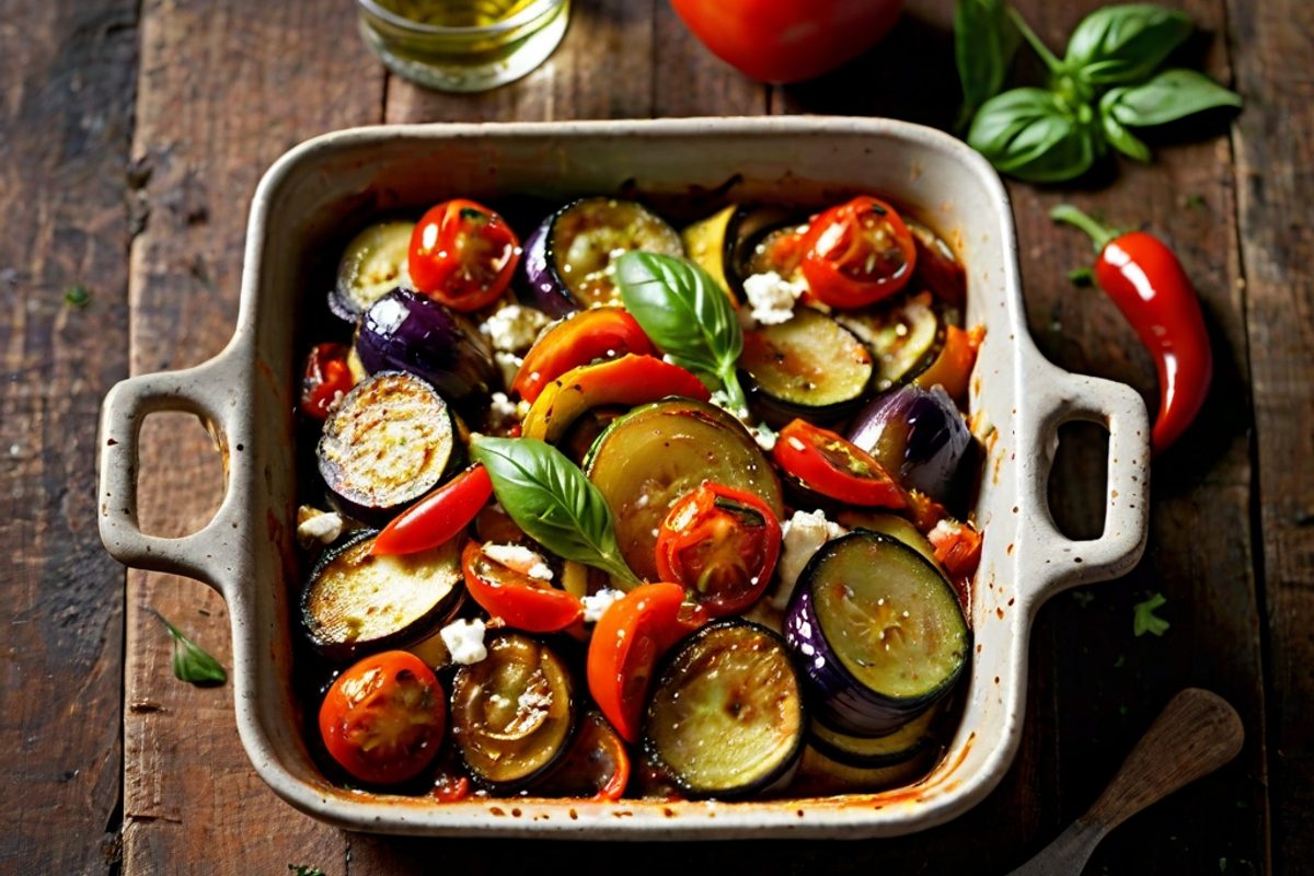 Bunte Ofen-Ratatouille mit geschmolzenem Feta in einer Auflaufform, garniert mit frischem Basilikum
