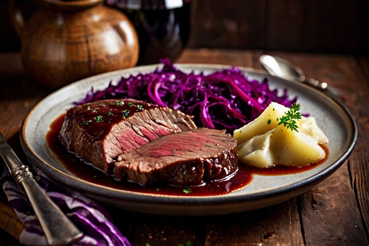 Aufgeschnittener Rinderschmorbraten mit glänzender dunkler Rotweinsoße auf einem Teller
