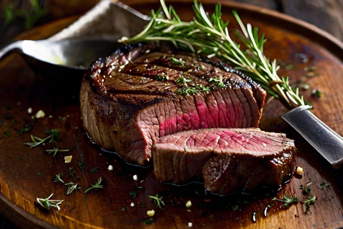 Angeschnittenes, rosa gebratenes Rib-Eye-Steak mit schmelzender Kräuterbutter in einer gusseisernen Pfanne