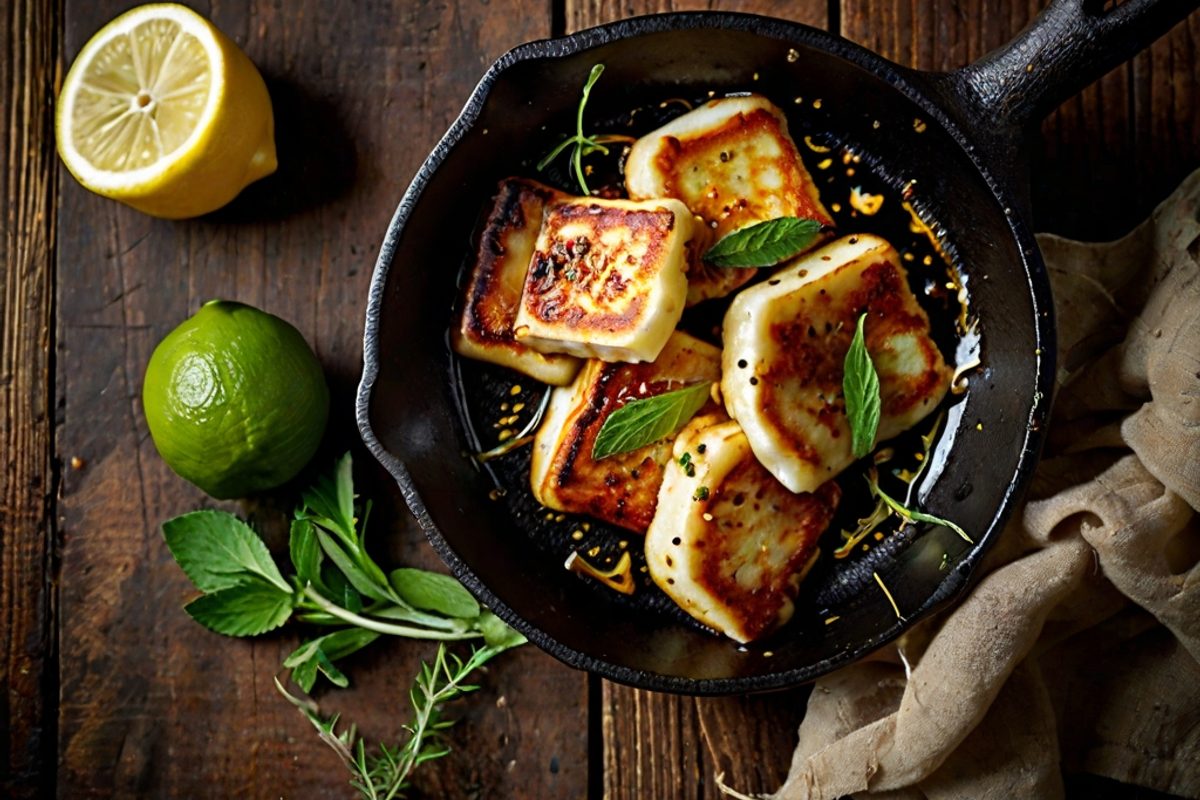 Goldbraun gebratene Halloumi-Scheiben in einer Pfanne mit Honig-Zitronen-Glasur, frischem Thymian und Chiliflocken