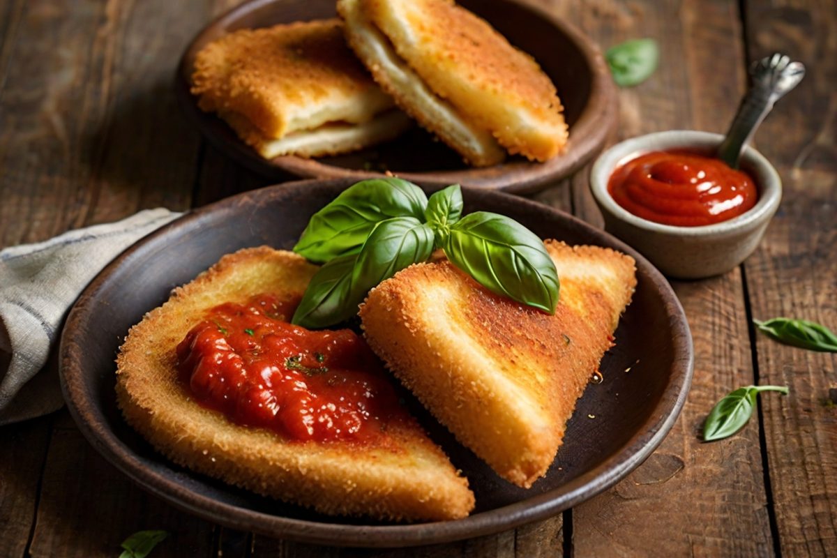 Goldbraun frittierte Mozzarella-in-Carrozza-Sandwiches diagonal halbiert, mit fadenziehendem geschmolzenem Käse auf einem Teller