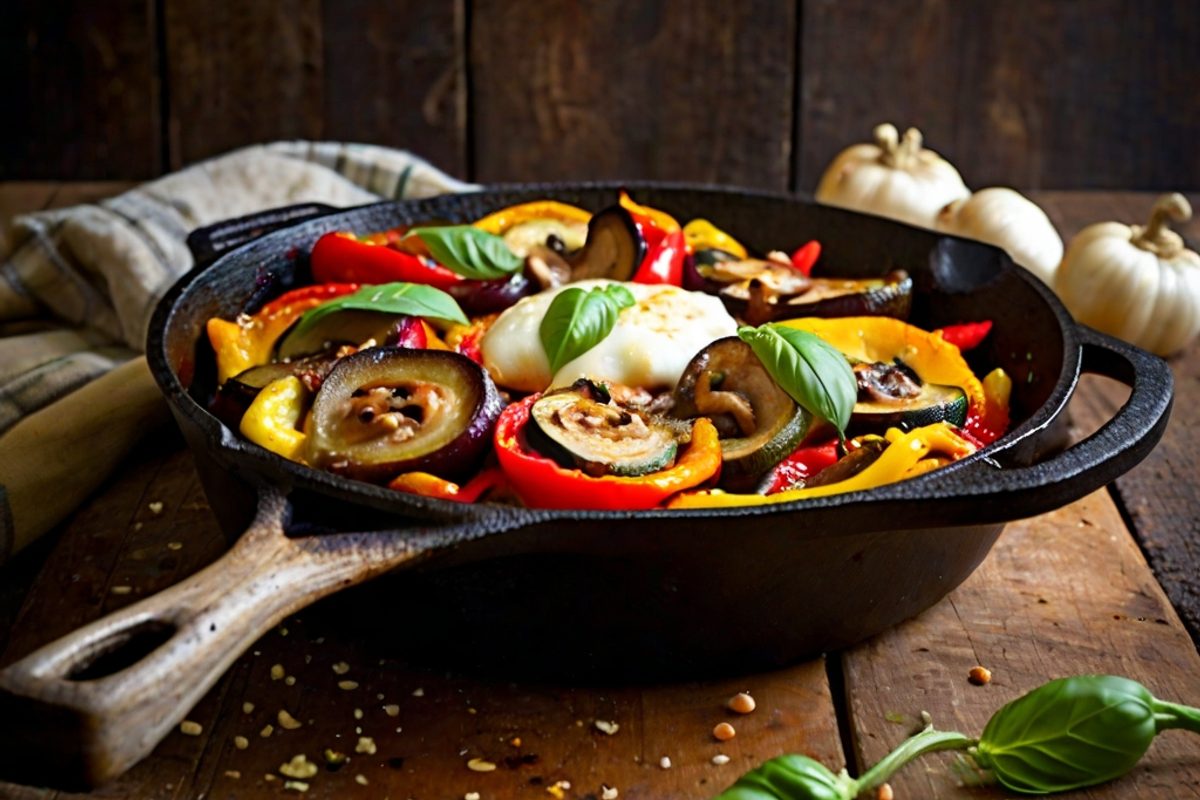 Goldbraun überbackene Gemüse-Käse-Pfanne mit Paprika, Zucchini und geschmolzenem Mozzarella in einer gusseisernen Pfanne