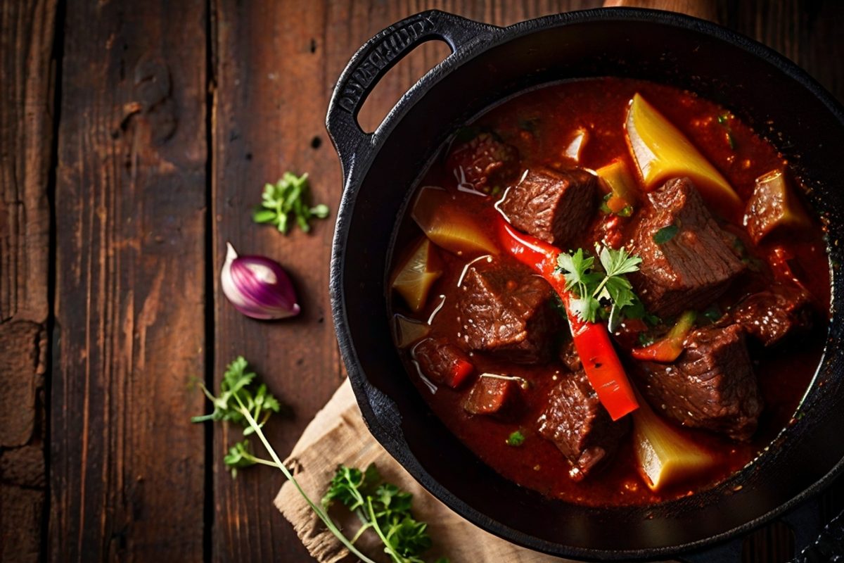 Dampfendes ungarisches Rindergulasch mit sämiger Paprikasoße in einem gusseisernen Topf