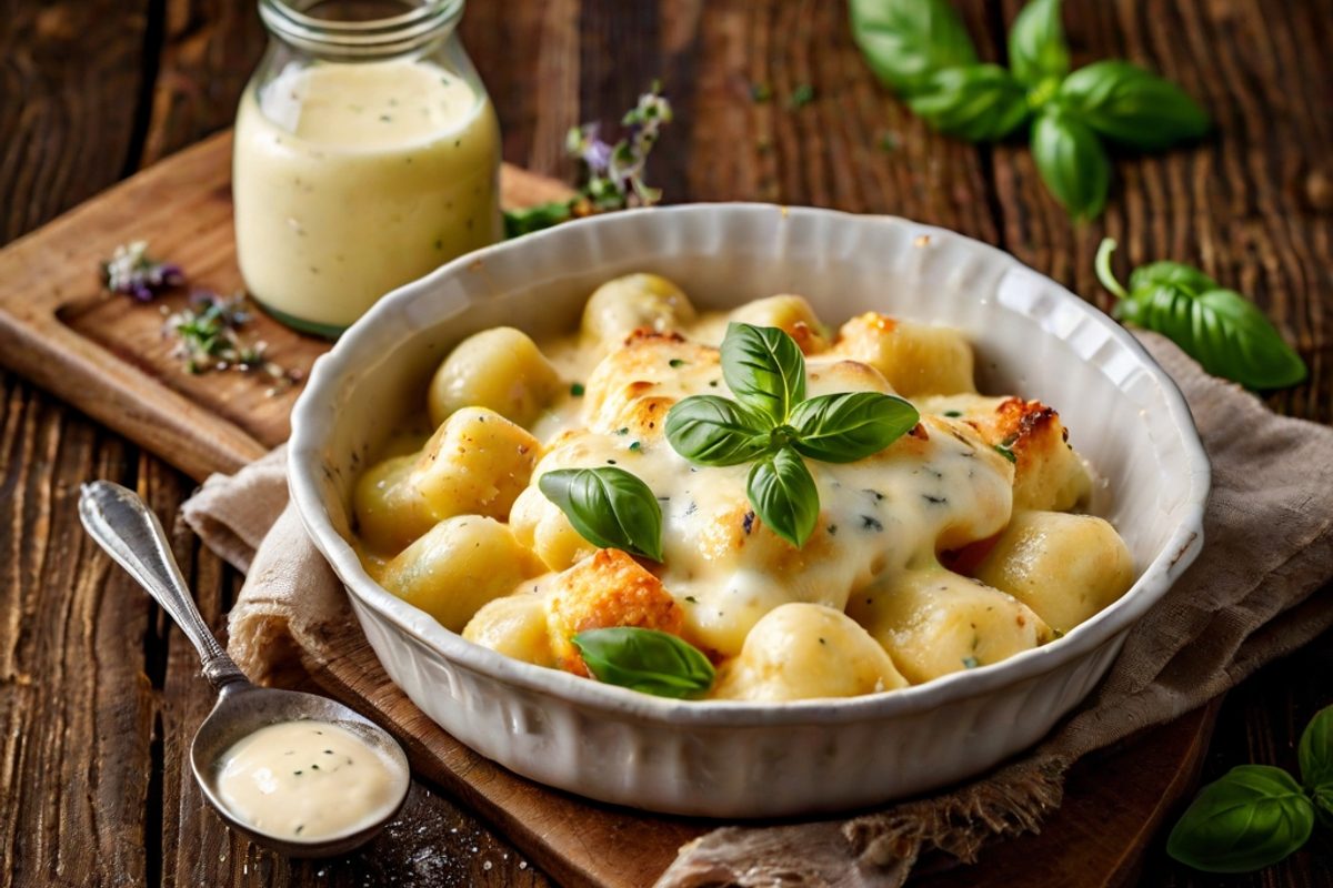Goldbraun überbackener Vier-Käse-Gnocchi-Auflauf in einer Auflaufform mit blubbernder Käsekruste und frischem Basilikum