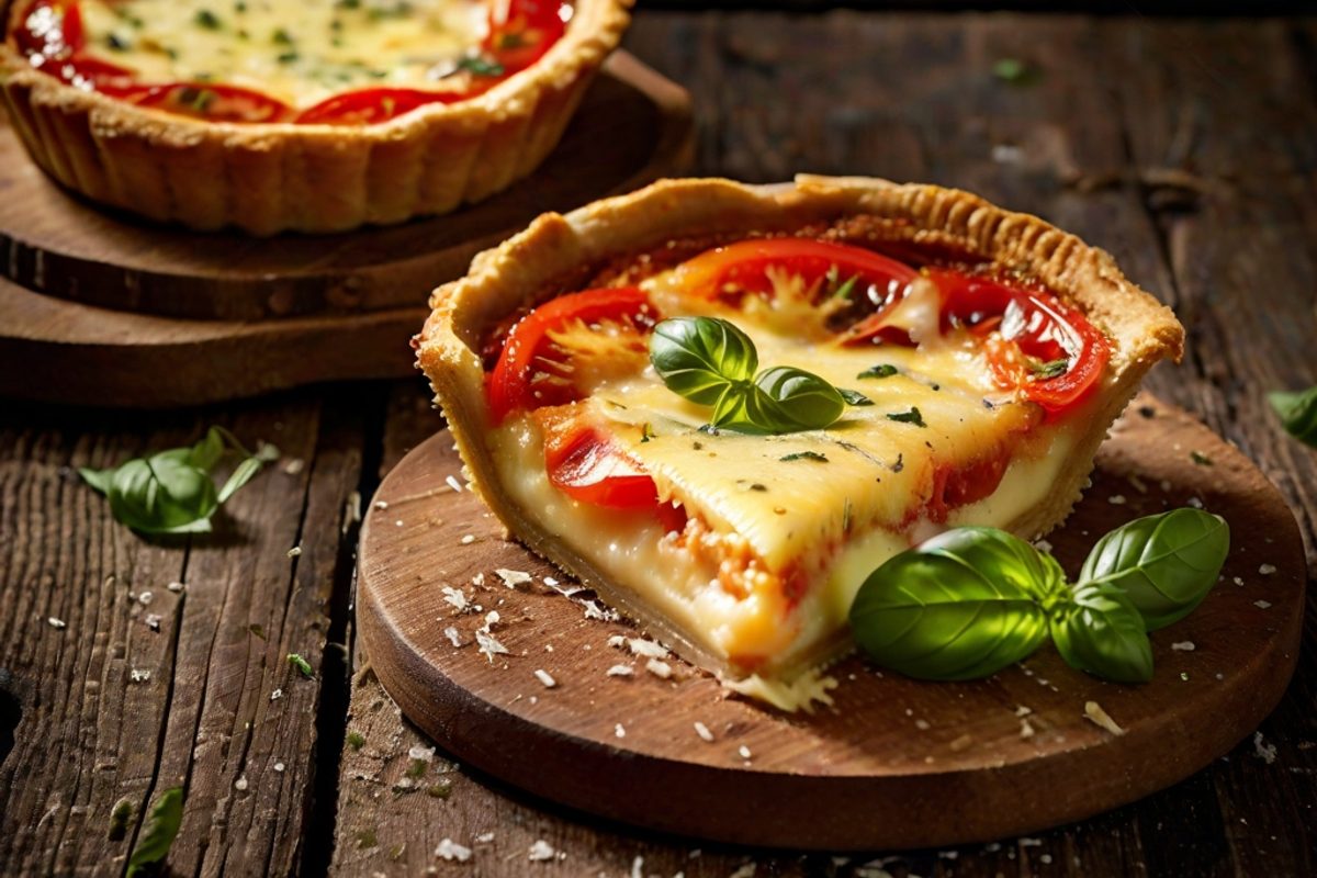 Goldbraun gebackene Käse-Tarte mit Tomatenscheiben, Mozzarella und frischem Basilikum auf einem Holzbrett